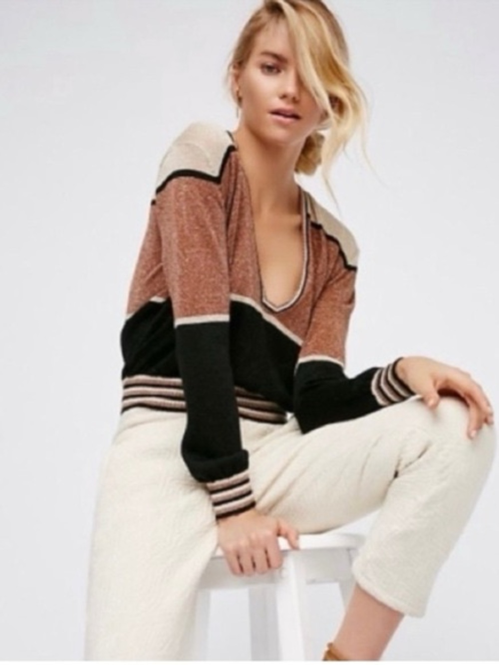Free People Copper Black Cream V-Neck Striped Sweater